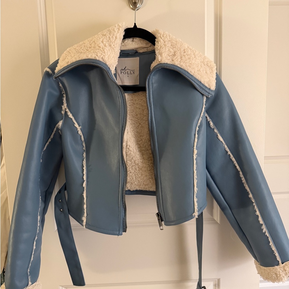 Oh Polly Blue and Cream Leather and Sherpa Jacket